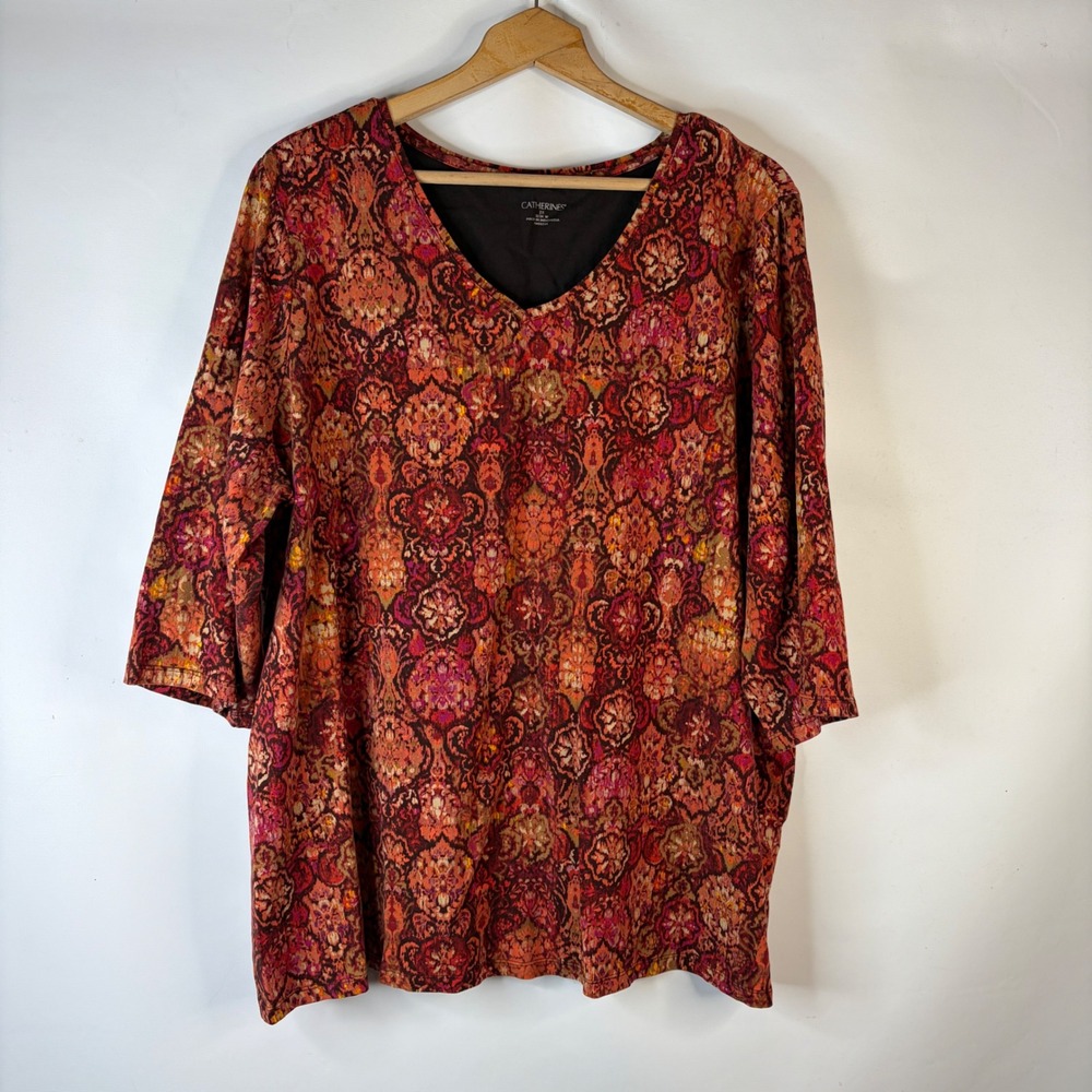 Catherines Tunic Top Womens 2X Orange Red Damask Print 3/4 Sleeve V-Neck